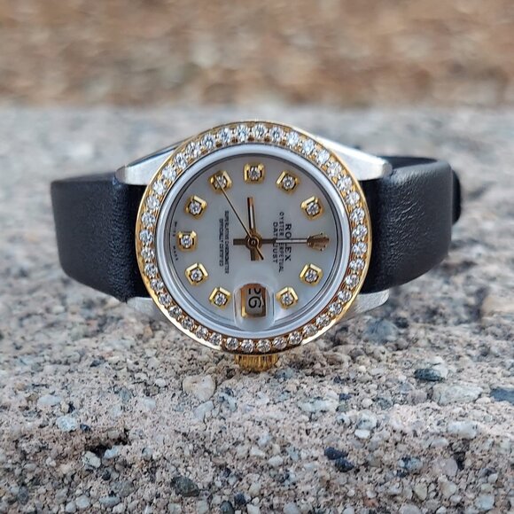 Rolex Ladies 26mm Datejust Two-Tone MOP Diamon on black leather main image 6